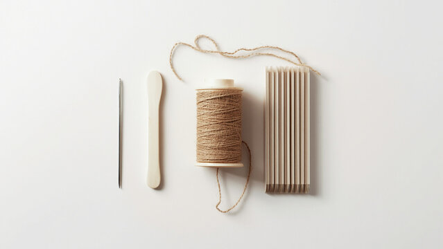 Linen bookbinding kit with waxed thread spool and bone folder laid flat on pure white background