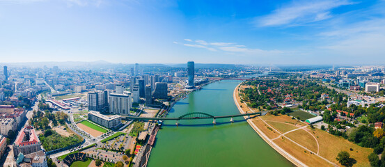 Obraz premium Aerial view of Belgrade Waterfront district and Sava river, Belgrade