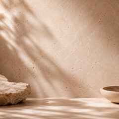 Fototapeta premium Artificial intelligence generated minimal stone platform with warm natural sunlight and soft botanical shadows on textured beige wall. Elegant spa inspired background with organic luxury aesthetic.