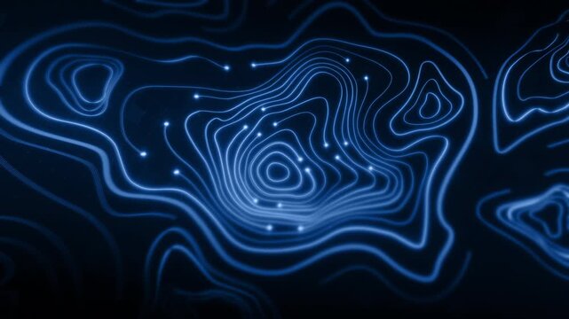 Futuristic digital topographic map with glowing neon contour lines, abstract 3D terrain visualization, modern data technology and cyber landscape concept