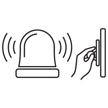 A line art illustration of a hand pressing a service bell button to alert staff.