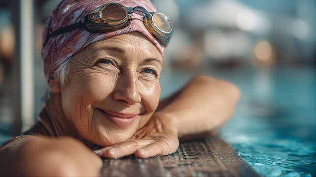Happy Senior Woman Relaxing in Swimming Pool During Active Retirement Lifestyle
