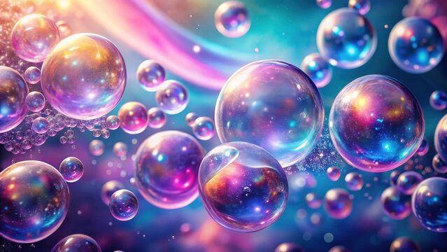 Enchanted Orb Symphony A Cosmic Ballet of iridescent spheres, shimmering with nebular hues and swirling stardust, creating an ethereal dreamscape.
