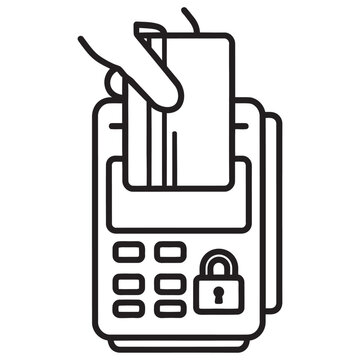 Black and white line art of a payment terminal featuring a numeric keypad, receipt printer slot, and padlock security symbol.