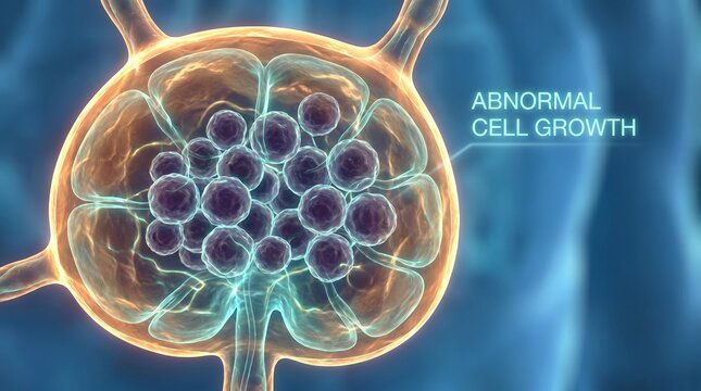 Illustration of abnormal cell growth with clusters of cells inside a larger cell