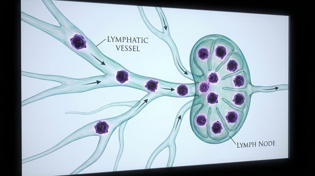 An illustration of a lymph node depicting its structure and lymphatic vessels