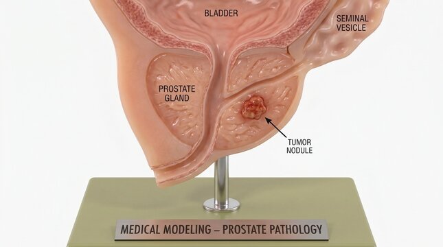A medical model displaying the anatomy of the prostate gland with a tumor nodule marked