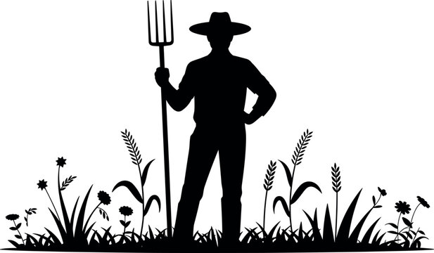 Black Silhouette of a Farmer Holding Pitchfork Standing in Rural Field with Grass Wheat Stalks and Wildflowers Isolated Illustration