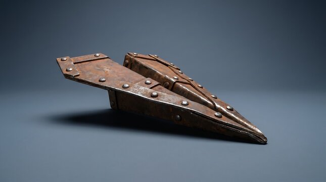 Rusted sheet metal paper airplane with steel rivets on a slate grey background representing concepts of industrial weight and failed flight dreams