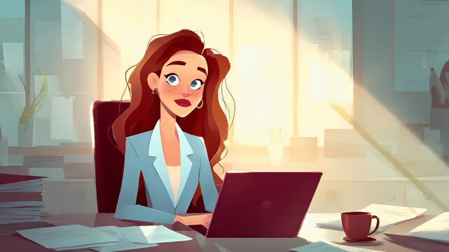 Female diversity. Human rights, equal opportunity concept. A vivid illustration depicts a woman in a modern office. She sits at a desk, intently focused on her laptop.