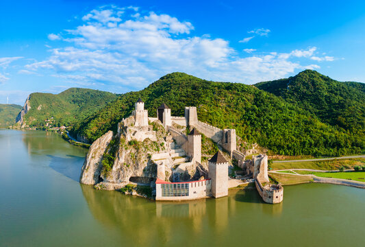 Aerial view of Golubac Fortress on Danube river in Serbia