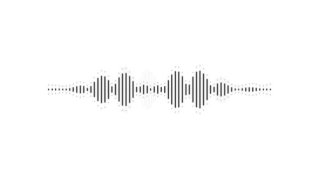 Minimalist black audio sound wave visualization isolated on a white background, representing music frequency, voice recording, or digital signal.