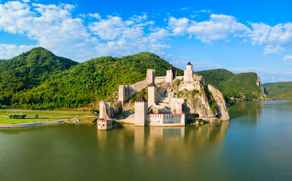 Aerial view of Golubac Fortress on Danube river in Serbia