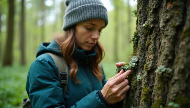 Woman in beanie and jacket examines lichen on tree bark in a forest. She is careful, studying nature and plant growth with focus. Scientist explores wild outdoors.