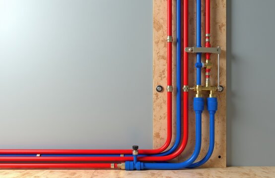 Red, blue pipes for radiant floor heating system installed on wall panel. Water supply network connected with brass fittings for modern home warmth. This setup ensures even temperature distribution.