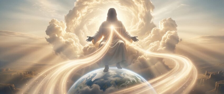 Jesus Christ resting after the creation of the world. Seventh day of creation from the Book of Genesis. Banner with copy space