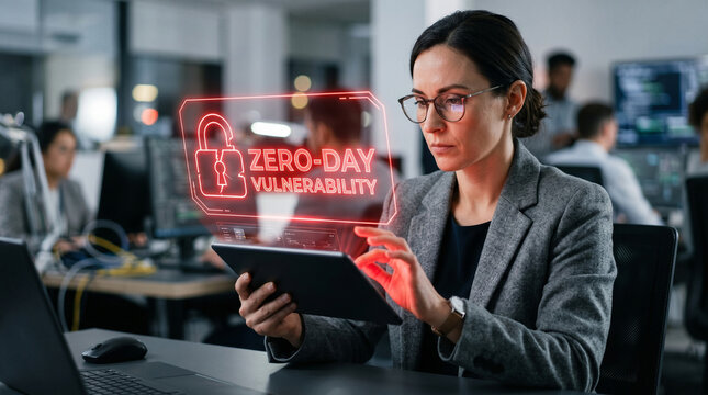 Cyber security analyst using tablet facing zero day exploit in modern office, focused and alert