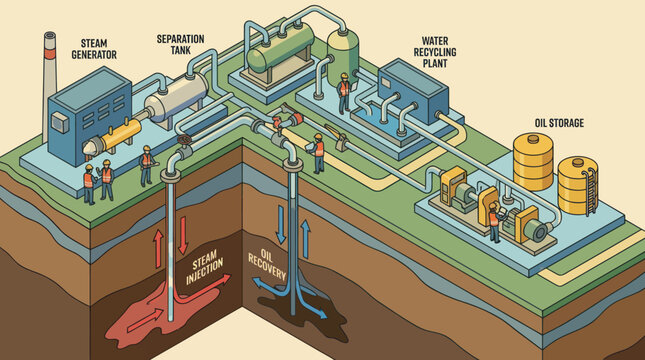 Geothermal Power Plant Diagram Illustrating Energy Extraction and Recycling Processes.