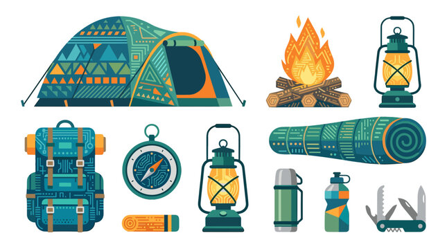 Camping gear set with tent lantern sleeping bag and accessories
