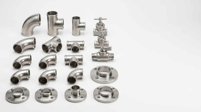 Various steel pipe fittings arranged neatly in this high quality photograph for industrial plumbing systems