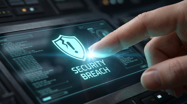 Security breach warning on dark touch screen with finger point and shield icon ai zero day exploit