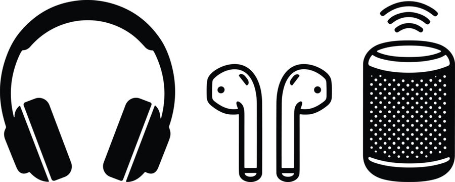 Collection of modern audio device icons including headphones, wireless earbuds and smart speaker for electronics shop marketing and SEO