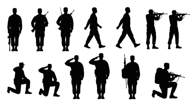 Soldiers in various combat positions silhouettes.