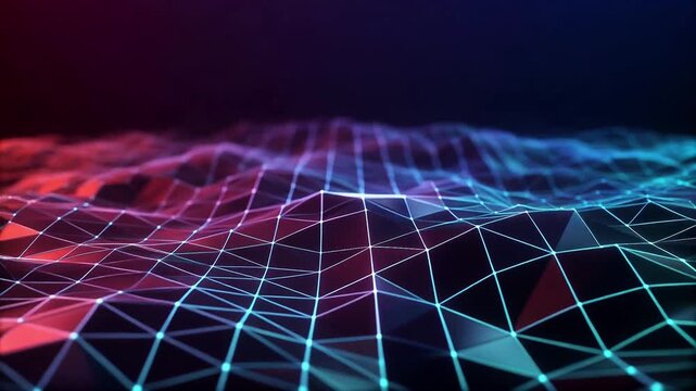 Vibrant neon grid waves across digital landscape with futuristic technology and geometric patterns