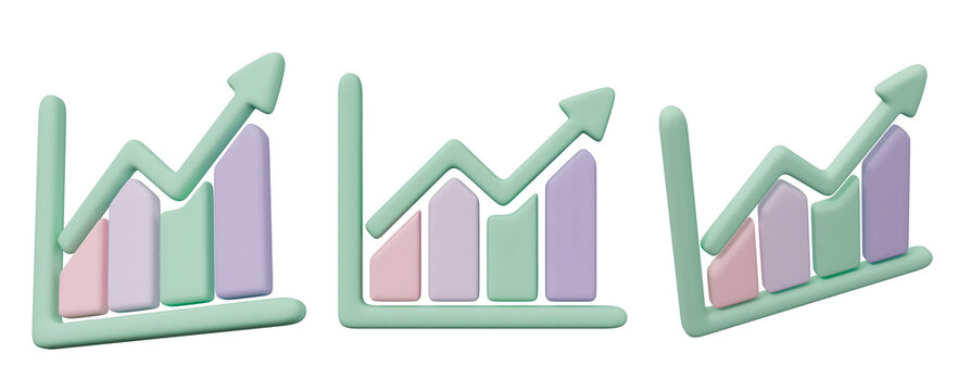 Bar chart graph diagram growth upward, business finance data analytics report success, statistics revenue profit performance dashboard forecast, clay matte pastel pink collation set, 3d illustration.