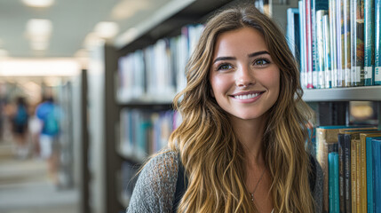 Fototapeta premium A young woman smiles while standing by bookshelves in a bright, modern library.
