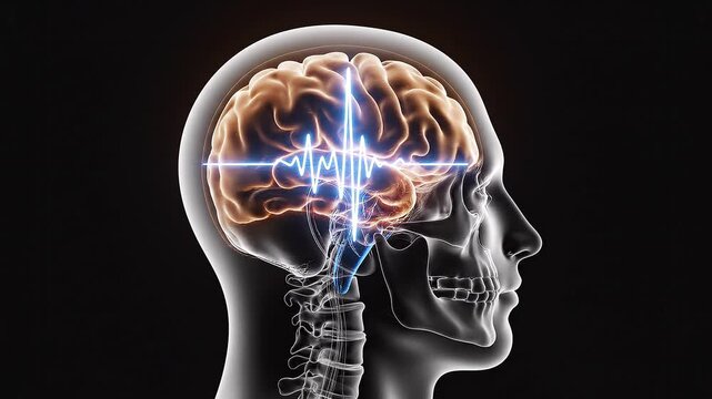 Glowing blue brain inside transparent human head with electrocardiogram line on black background