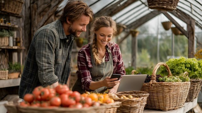 Young farming couple managing fresh produce online business