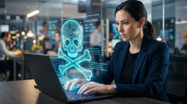 Cybersecurity analyst woman typing laptop with digital skull warning in office ai zero day exploit threat detection