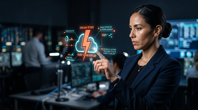 Cybersecurity analyst pointing at zero day exploit alert in dark network control room