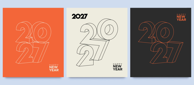 Minimal 2027 New Year Line Art Poster Set with Modern Geometric Typography Design