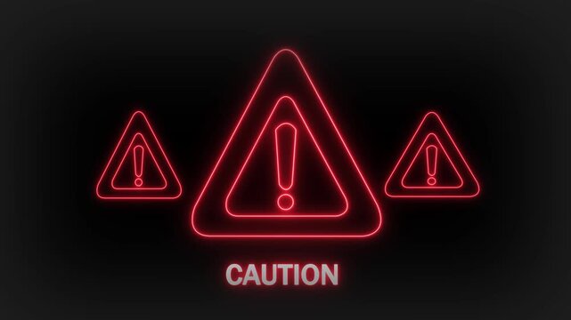 A trio of bright red neon warning triangles featuring exclamation marks, positioned on a dark backdrop with the word CAUTION glowing in white text beneath them, signifying a hazardous situation