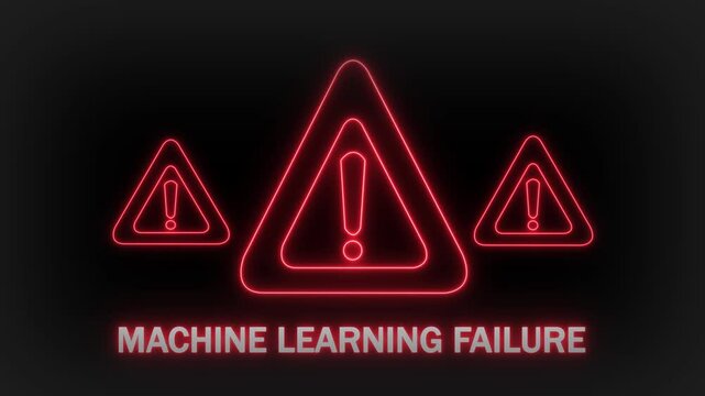 A cluster of three radiant red neon warning triangles with exclamation marks, set against a dark backdrop, accompanied by the illuminated white text MACHINELEARNINGFAILURE