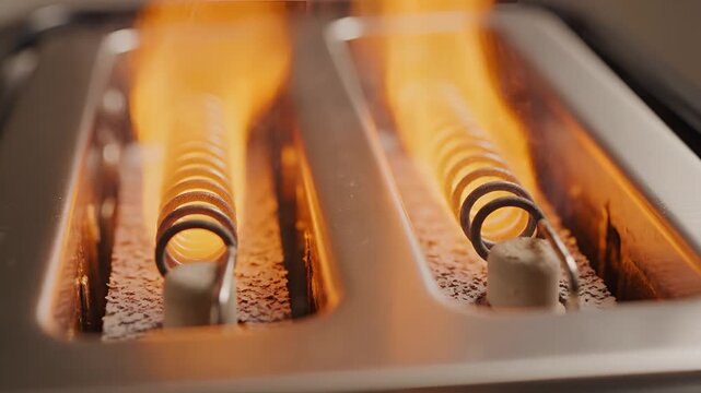 Closeup of glowing red hot toaster heating elements in action.