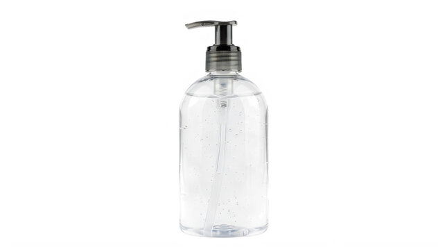 Glass soap dispenser bottle with silver pump for luxury bathroom and skincare branding frontal isolated png on a transparent background perfectly cutout high resolution