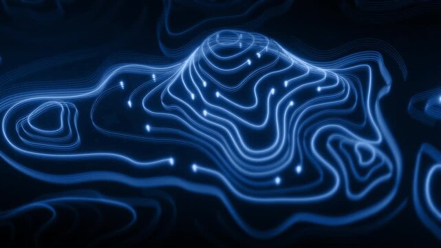 Futuristic digital topographic map with glowing neon contour lines, abstract 3D terrain visualization, modern data technology and cyber landscape concept