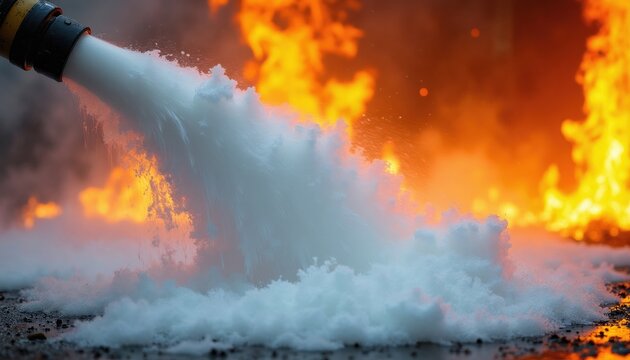 Fire hose sprays water into large fire. Intense flames erupt behind white foam and mist. Water stream hits burning area with force. Emergency crew works to extinguish blaze.