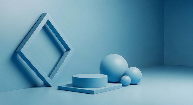 Abstract blue studio setup with geometric shapes, podium, and spheres for product display.