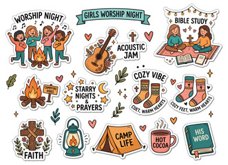 Fototapeta premium Girls worship night camp life sticker collection