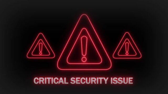 Three bright red neon warning triangles with exclamation marks, presented on a dark background with the text CRITICALSECURITYISUE glowing in white beneath them, indicating a