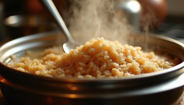 Closeup of steaming boiled brown rice in metal pot with spoon. Warm grain dish cooked in rustic kitchen, healthy wholesome food preparation.