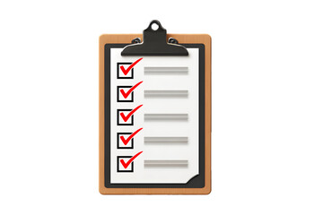 Fototapeta premium Clipboard with completed checklist paper and red check marks on every item isolated on cut out PNG or transparent background. Symbolizing success approval organization, productivity task management.