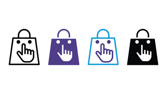 Shopping Bag with Hand Cursor vector icon for online shopping, ecommerce retail, sale and digital commerce ui logo design.