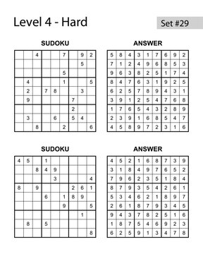 Minimalist Logic Series: Sudoku puzzle set 29 hard level 4 with two puzzles and solved answer keys on white background