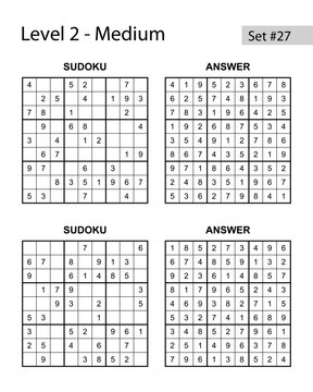 Minimalist Logic Series: Sudoku puzzle set 27 medium level 2 with two puzzles and solved answer keys on white background