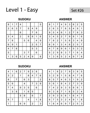 Minimalist Logic Series: Sudoku puzzle set 26 easy level 1 with two puzzles and solved answer keys on white background